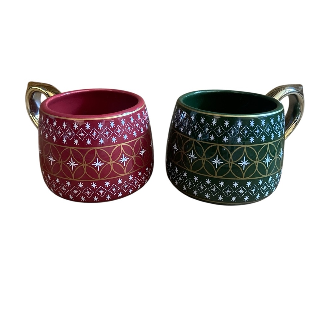 Harry And David Set Of 2 Christmas Coffee Tea Mugs Red Green Snowflakes Gold